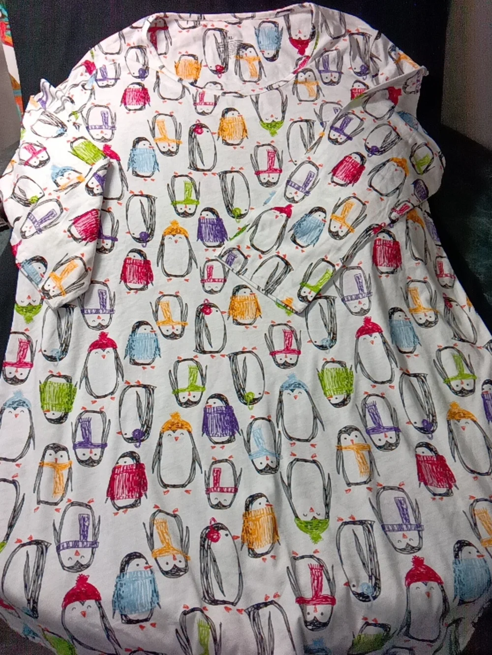 Women Penguin Print Pajama Set - White with Multi-Color Penguins
